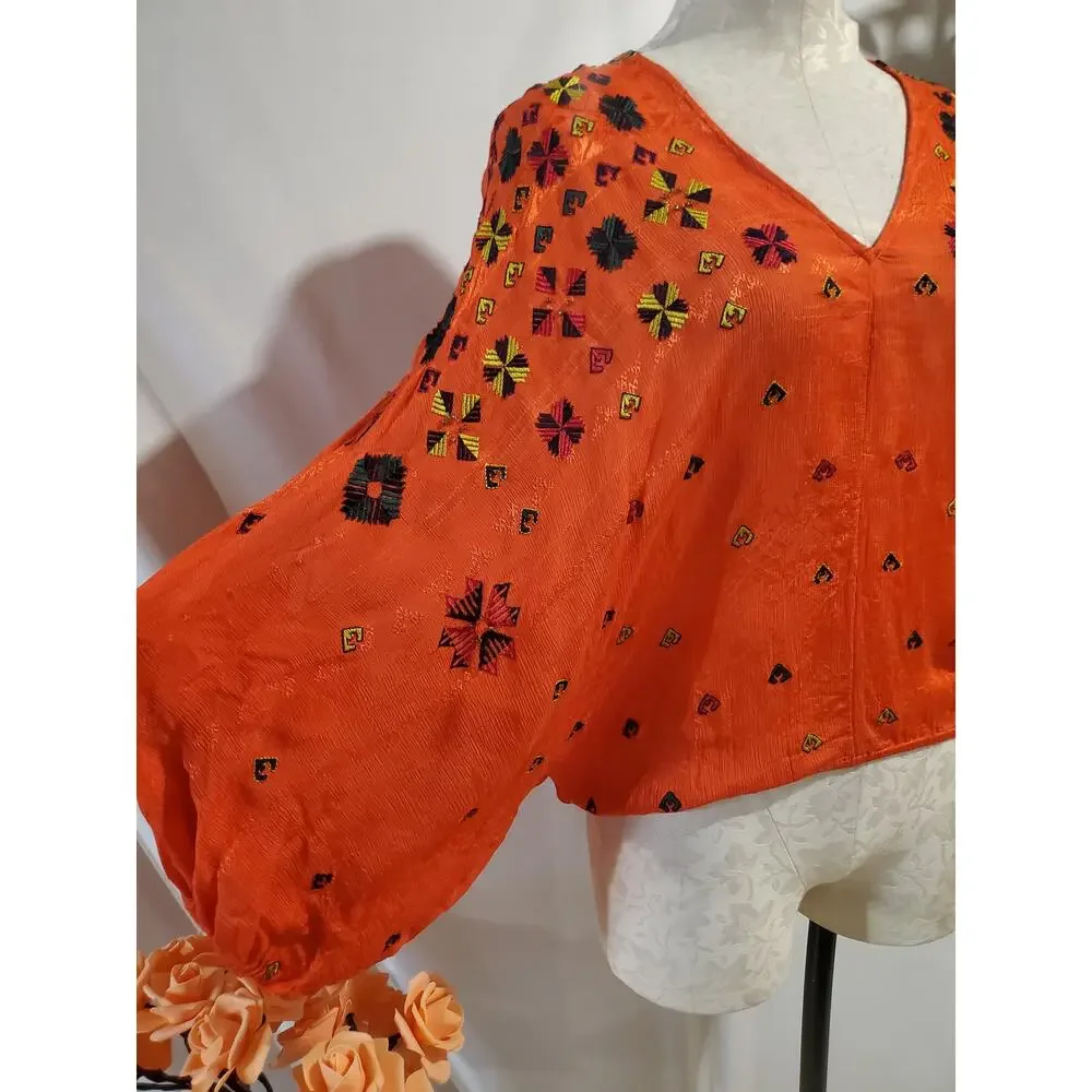 Free People Music In Time Embroidered Beaded V-Neck Blouse Top Sz S Orange Boho